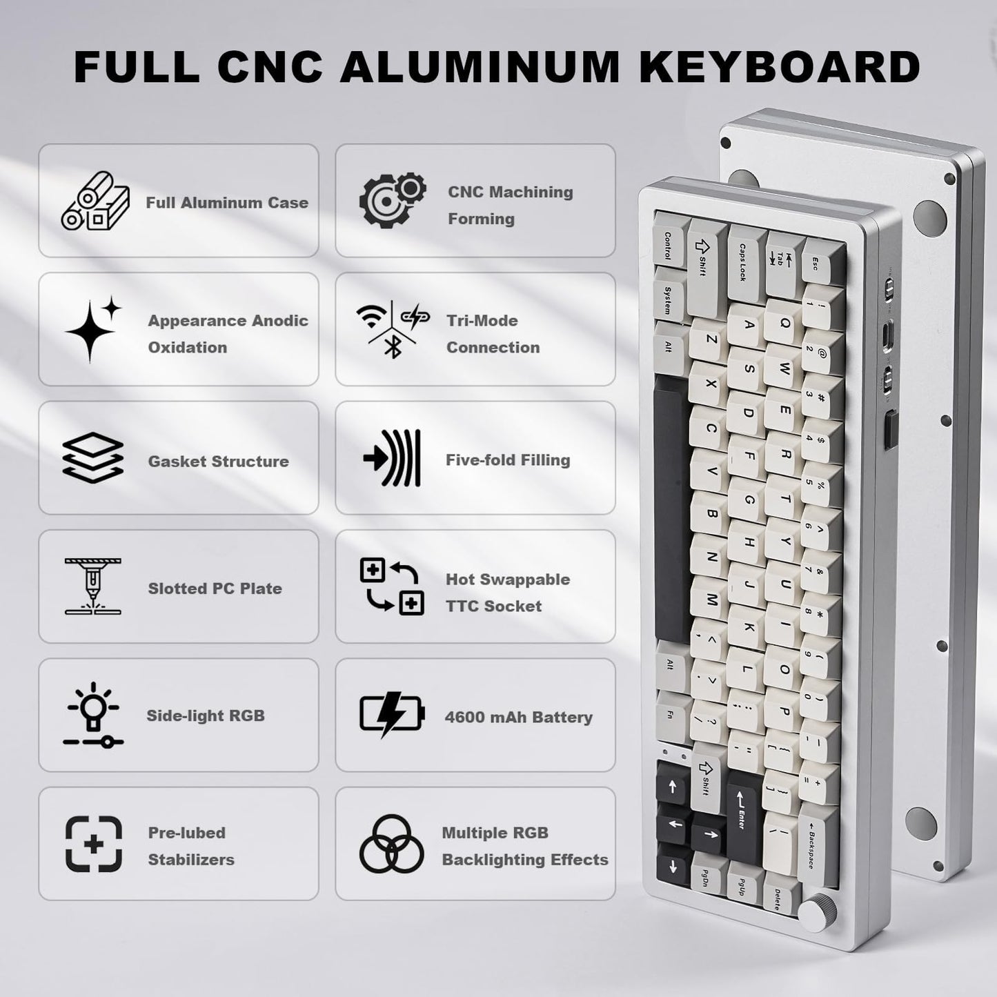 YUNZII AL66 Wireless Mechanical Keyboard,65% Knob Control Aluminum Gaming Keyboard Bluetooth/2.4G/Wired Hot Swappable Pre-lubed Switches, Gasket Mounted RGB Keyboard for Win/Mac(Milk Switch, Silver)