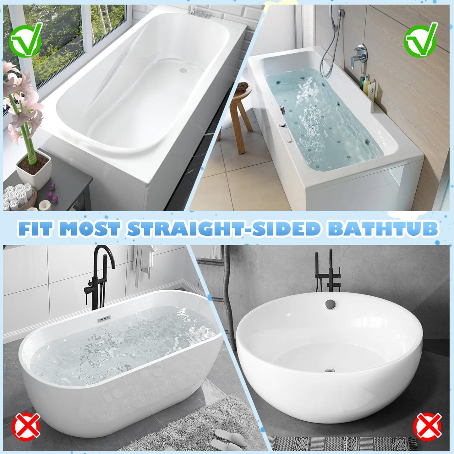 Silicone Bath Tub Splash Guard with 11 Suction Cups, Longer Bathtub Edge Extender Shelf, Bath Tray Holder (1, Gray-80cm)