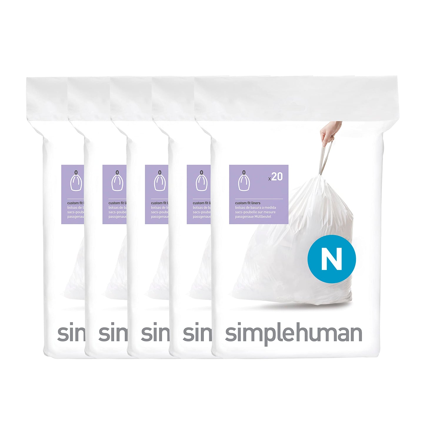simplehuman Code N 100 Count, Dispenser Pack Custom Fit Liners, Drawstring Trash Bags, 45-50L / 12-13 Gallons, White