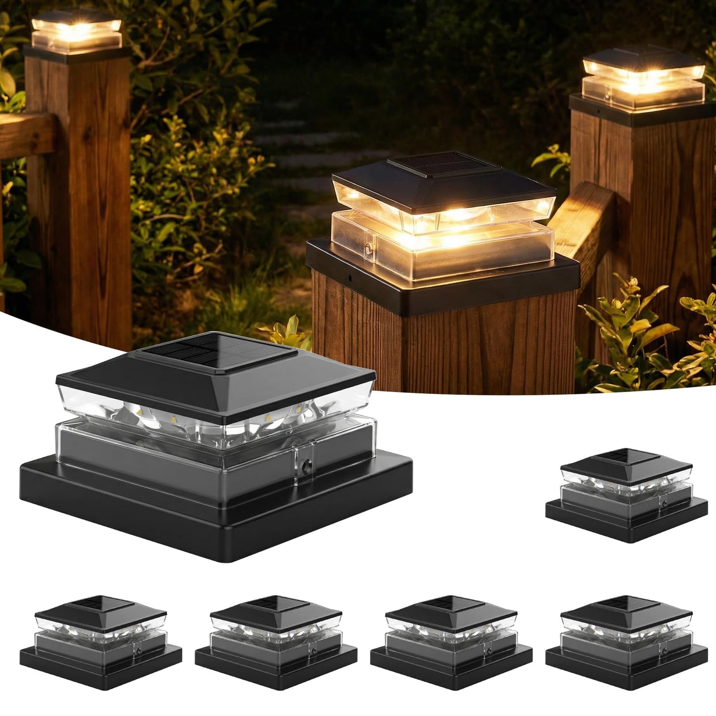 Fohil 6 Pack Solar Post Cap Lights, Outdoor Solar Fence Post Lights for 4x4 Wood/Vinyl Posts, Waterproof LED Solar Powered Deck Post Lights for Garden Patio Fence Porch Deck Decor