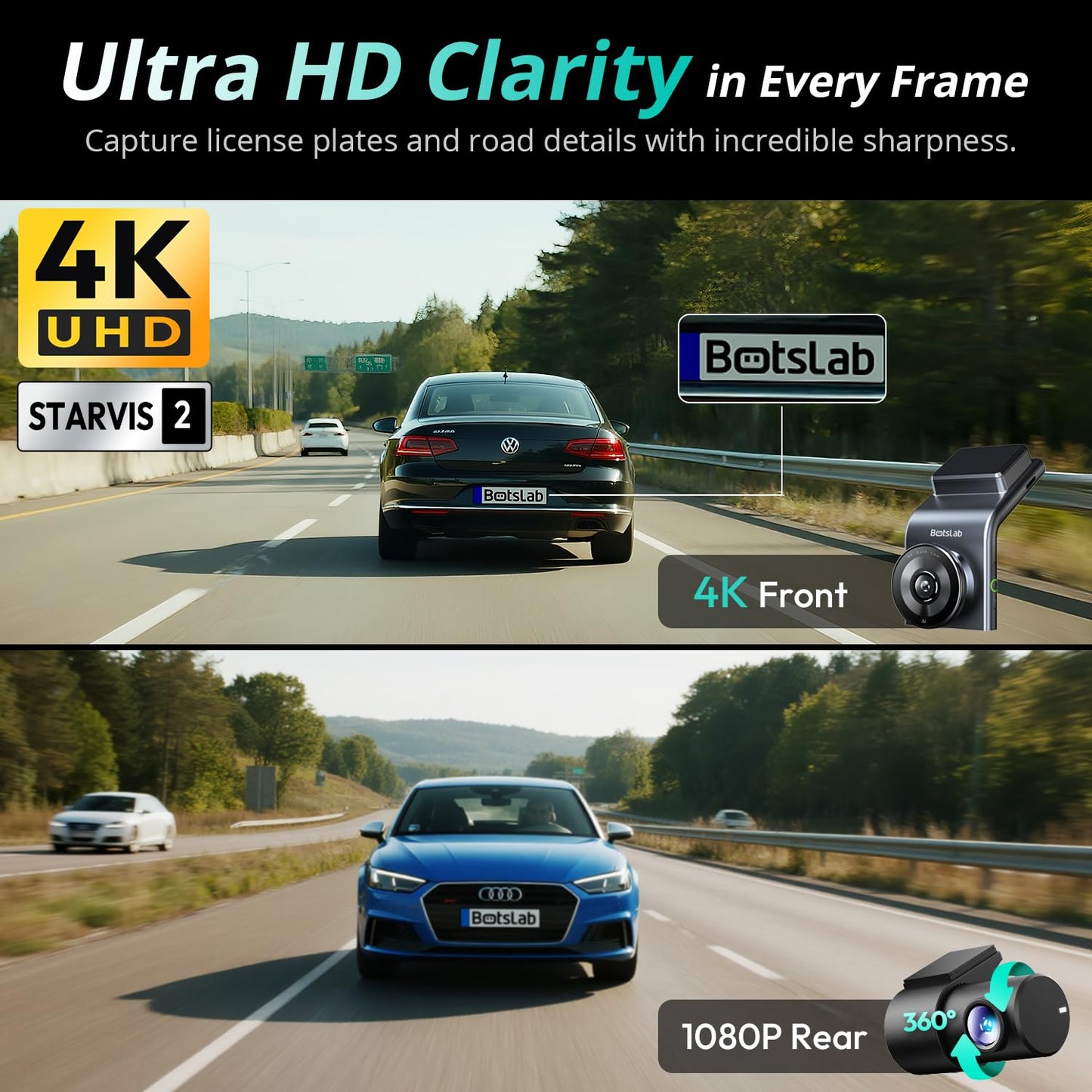 BOTSLAB 4K Dual Dash Cam Front and Rear, STARVIS 2 Sensor, Voice Command, 64GB Card Included, 5GHz WiFi Dash Camera for Cars, Built in GPS, WDR Night Vision, 24H Parking Mode