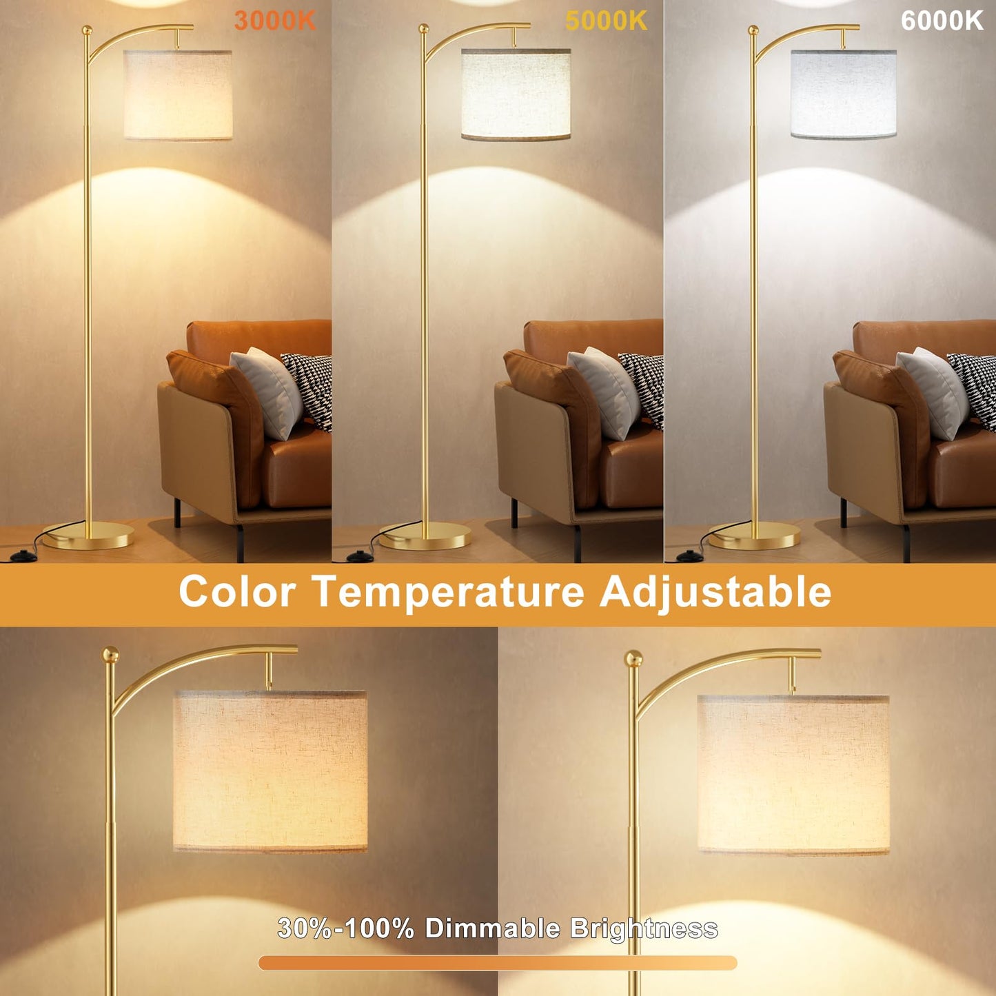 Ambimall Floor Lamp with Remote Control, Brightness and Colors Temperature Adjustable, Rotating Shade, Bulb Included, Modern Floor Lamps for Living Room, Bedroom, Office (Light Beige and Gold)