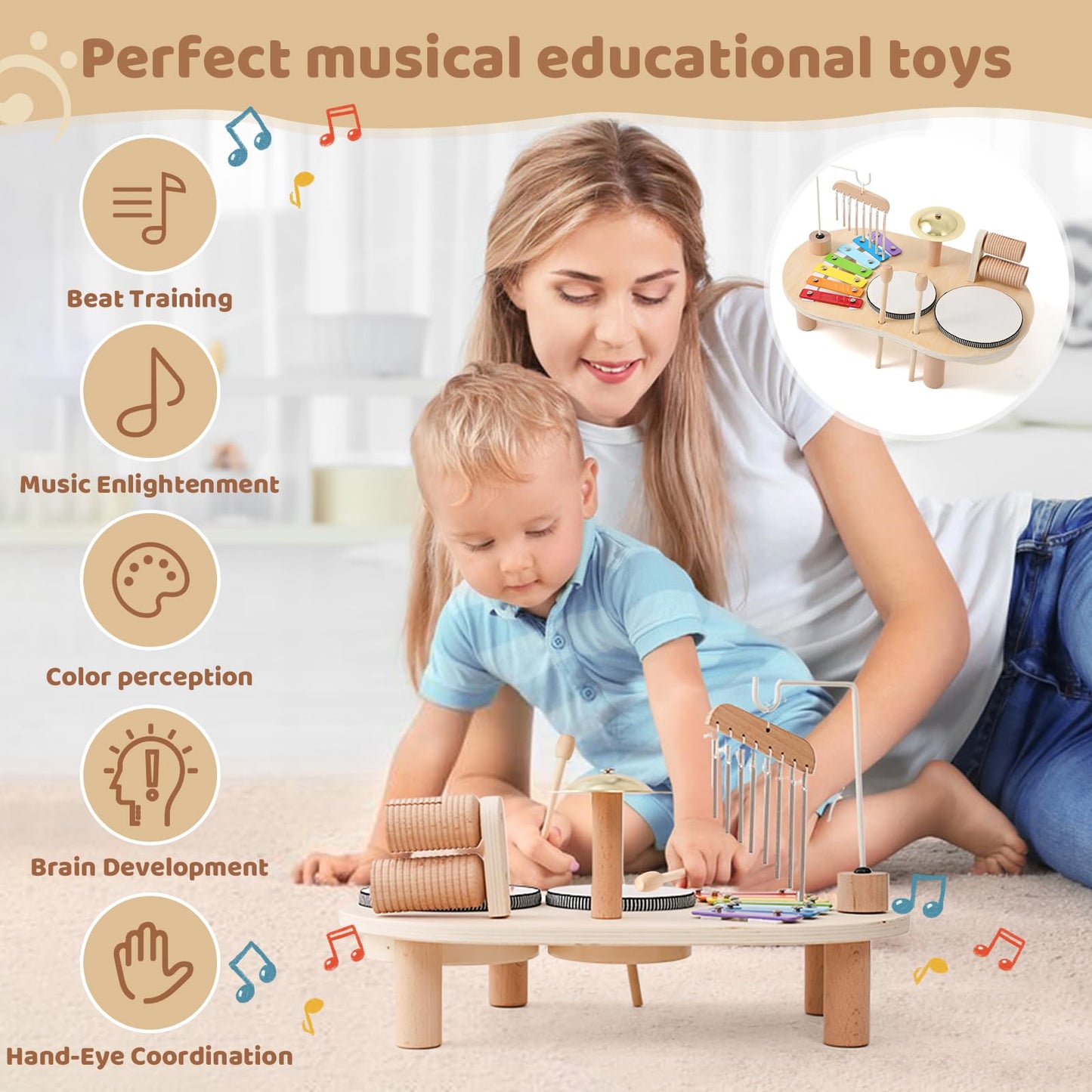 Promise Babe Wooden Musical Instruments for Toddlers 1-3, Percussion Instruments for Kids Baby Drum Set Xylophone, Montessori Educational Musical Toys, Gifts for Girls Boys Christmas