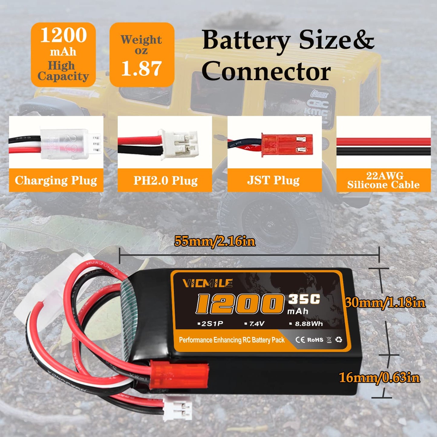 VICMILE 7.4V 1200mAh Lipo Battery 2S 35C SCX24 Lipo Batteries with PH2.0&JST Plug Rechargeable Lithium Battery with 2 in 1 USB Charger Fit for Most 1/10 1/16 1/18 1/24 RC Cars