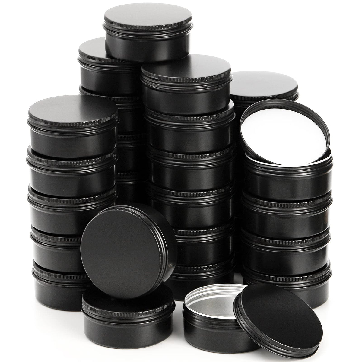 Foraineam 48 Pack 4 oz Metal Round Tins with Screw Lid, Black Aluminium Empty Candle Tins Storage Tin Jars, Cosmetic Sample Containers Travel Tin Cans for Salve, Cream, Spices or Candles