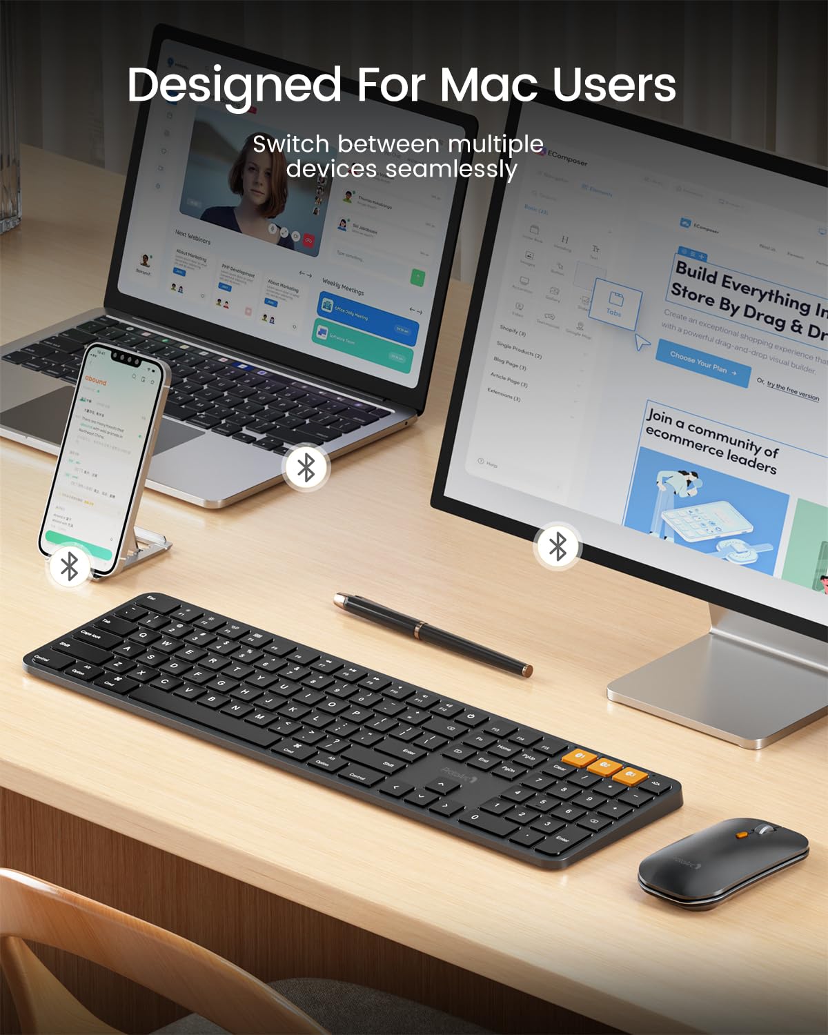 ProtoArc Backlit Bluetooth Keyboard and Mouse for Mac, KM100-A Multi-Device Wireless Keyboard Mouse for Mac, Full Size Rechargeable for MacBook Pro/Air, iPhone, iPad, Black