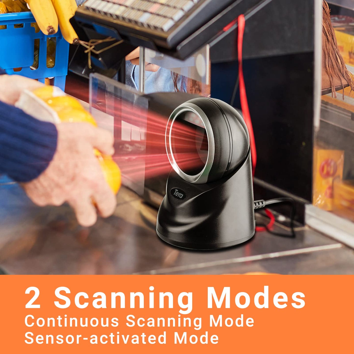 Tera 1D 2D QR Desktop Barcode Scanner Omnidirectional Hands-Free USB Wired Barcode Reader Scanner with Automatic Image Sensing Scanning Platform Scanner for POS Supermarket Library Retail Store 9100