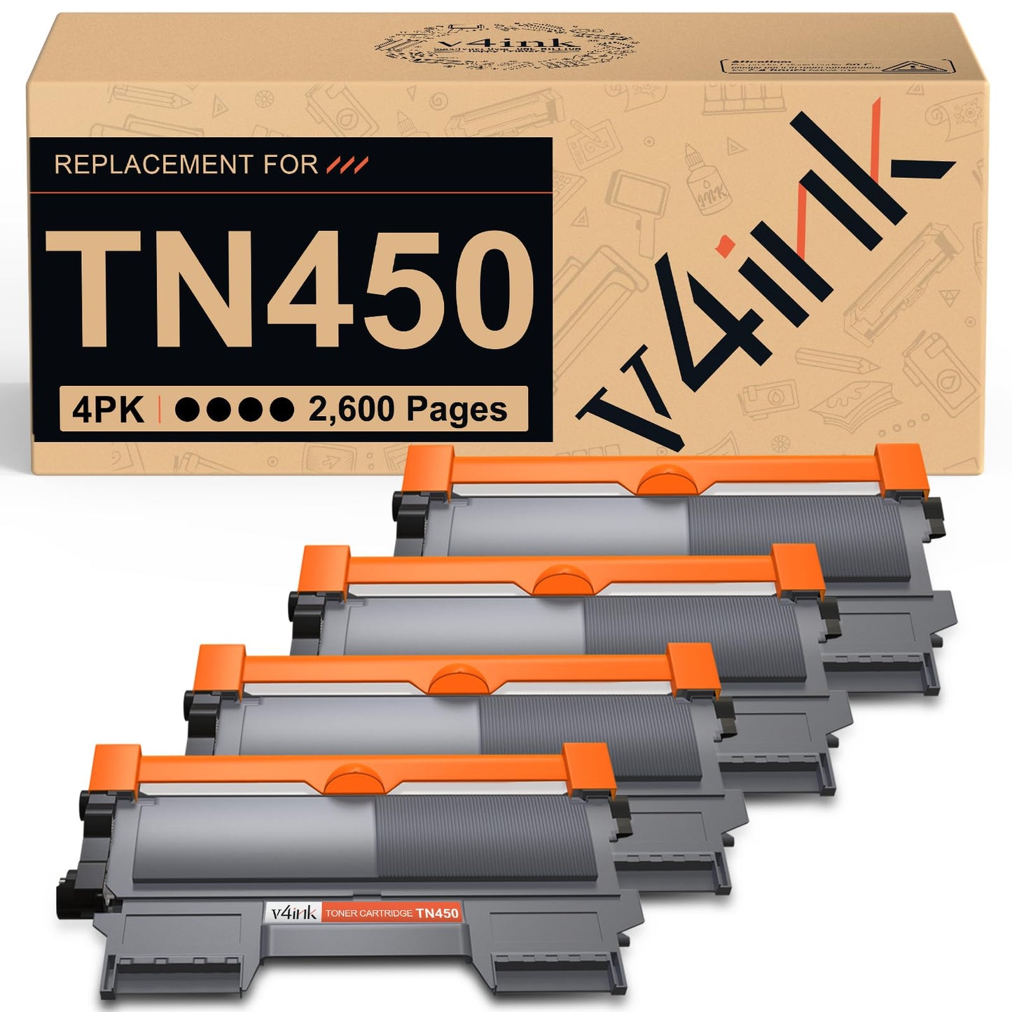 v4ink 4PK TN450 Toner Cartridge Compatible Replacement for Brother TN450 TN420 Toner Cartridge High Yield Black Ink for HL-2240d HL-2270dw HL-2280dw MFC-7360n MFC-7860dw IntelliFax 2840 2940 Printer
