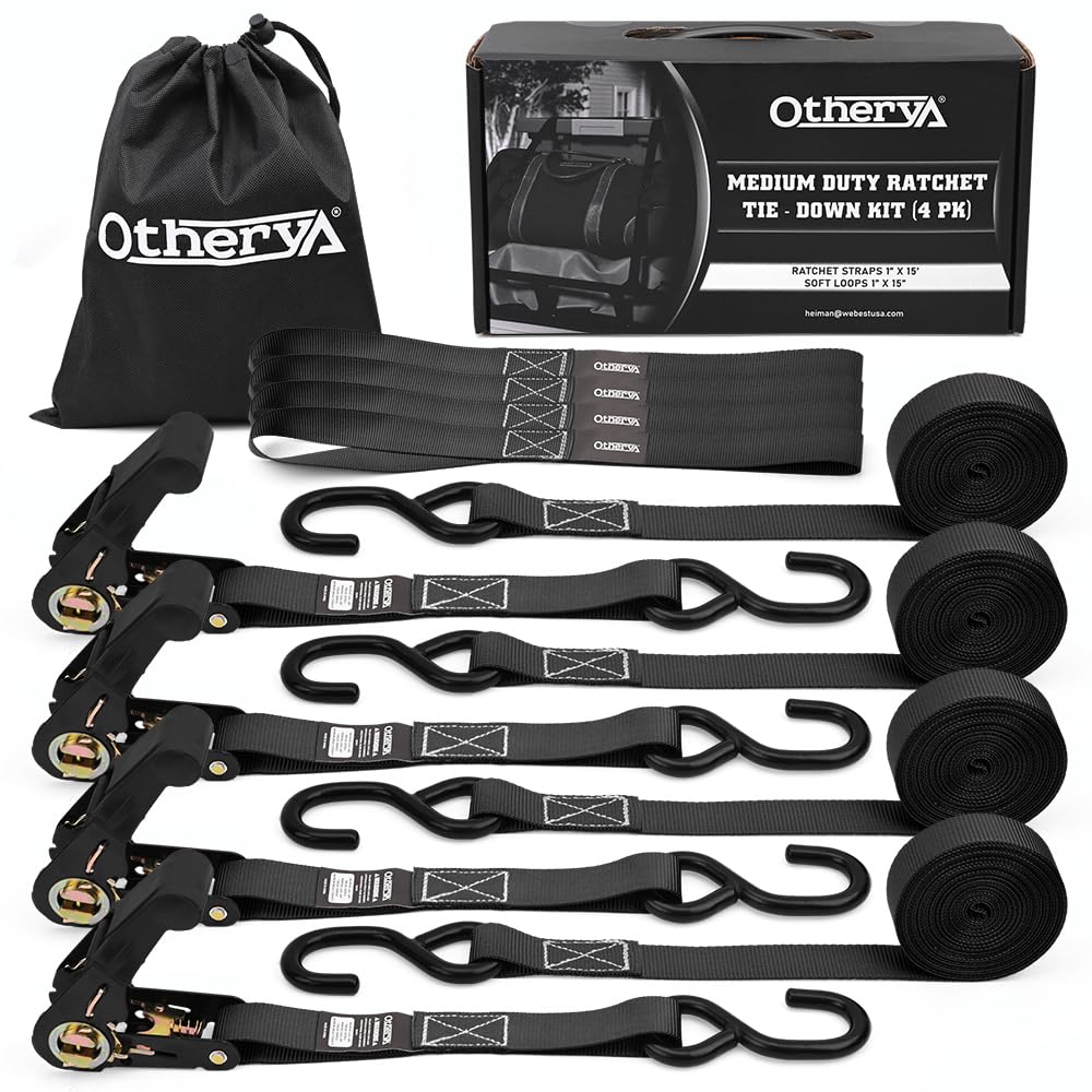 Otherya Ratchet Straps Tie Downs - 4 Pk-15 Ft 1760 Lb Break Strength - Motorcycle Straps Tie Downs, Kayak, Truck, Trailer and Boat Lawn Equipment- Includes 4 Soft Loops （Black）