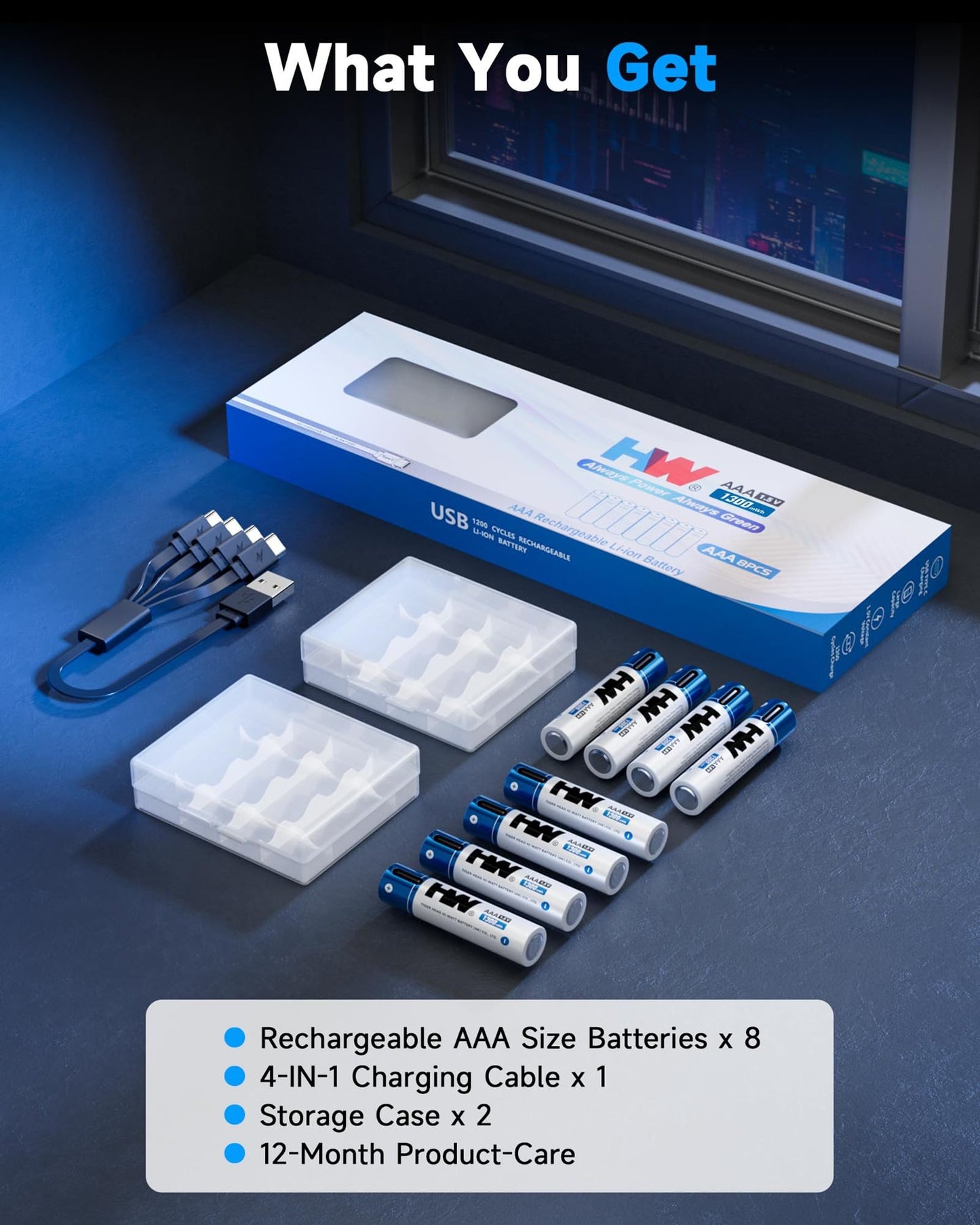 HW Rechargeable Lithium Batteries AAA, [8 Packs, 1300mWh] 1.5V Triple A Battery 1.5h Fast Charging with USB C Port, Pile aaa Over 1000 Cycles for Wireless Mice & Keyboards and Home Healthcare Devices.