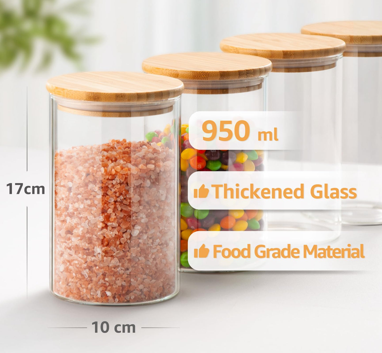 COCOYA 950ml/32oz Glass Jars with Airtight Bamboo Lid, 4-Pack Thick Pantry Storage Canisters, Kitchen Clear Containers Set for Spice Snack Salad Oats Dry Foods Nut Bean Sugar Coffee Tea Candy Cookie