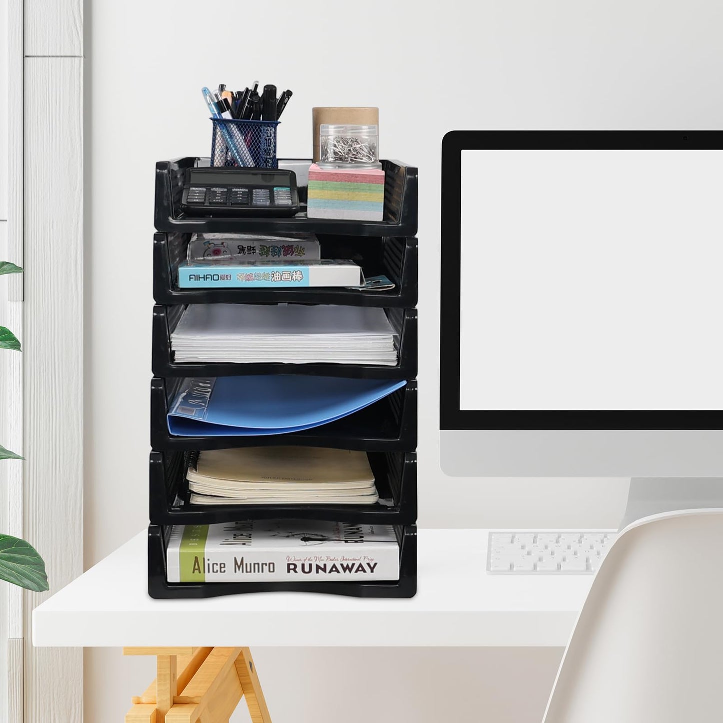 Melontray 6 Tier Stackable Paper Tray Organizer, Plastic Desktop Document Letter Trays, Black