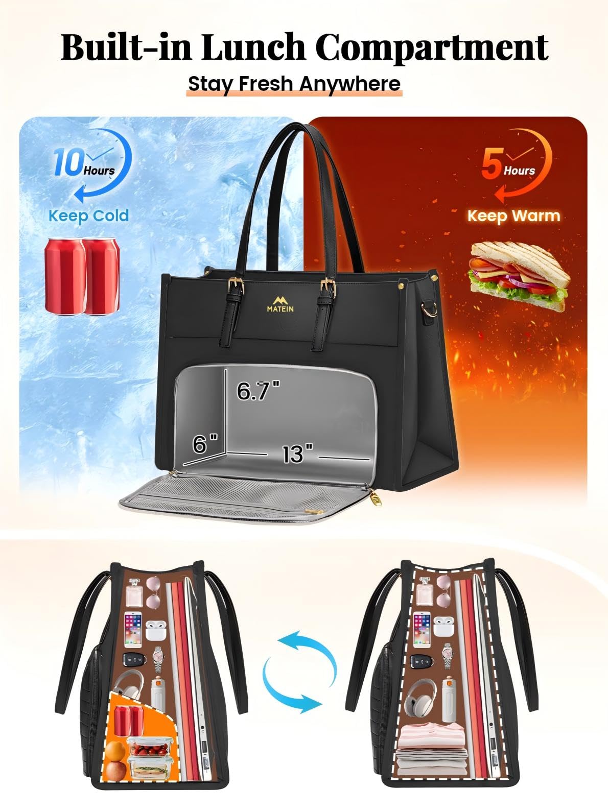 MATEIN Laptop Bags for Women, Work Bag with Lunch Compartment, Work Tote Bags with Clutch,Large Lunch Bags for Office, Daily Use, 2 Sets, Black