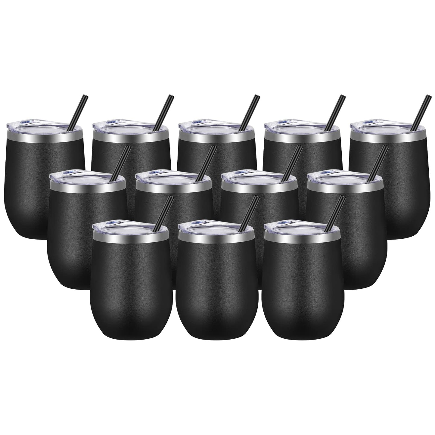 VEGOND Wine Tumblers Bulk 12 Pack, 12oz Stainless Steel Stemless Wine Glass with Lids and Straws, Double Wall Vacuum Insulated Tumbler Cup，Coffee Mug for Cold Hot Drinks