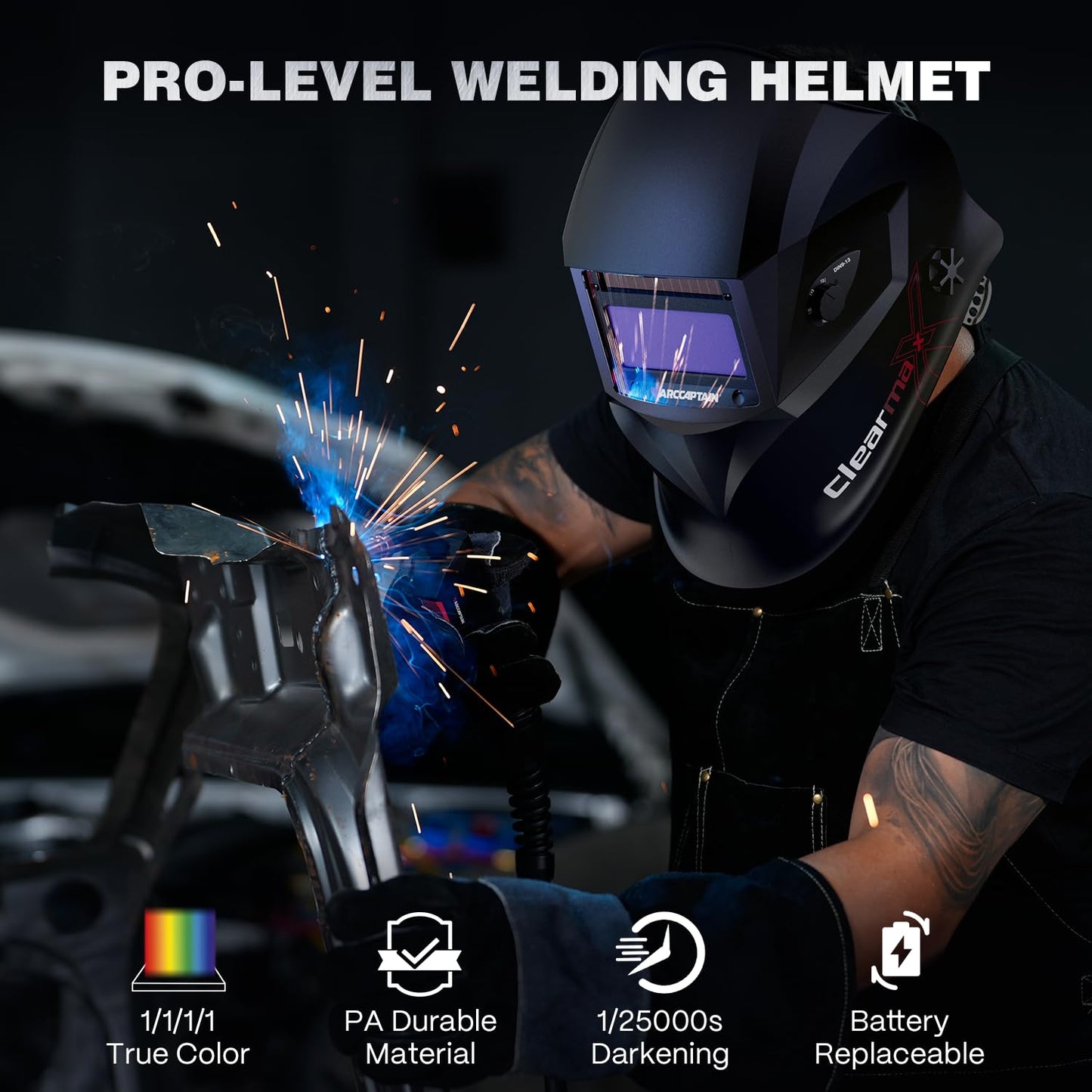 ARCCAPTAIN Welding Helmet Auto Darkening, True Color Solar Powered Welding Mask with 4 Arc Sensor, 1/1/1/1 Optical Clarity and Adjustable Shade 4/9-13 Welder Helmet