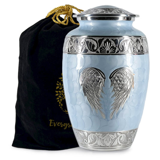 Cremation Urns for Human Ashes Adult Female and Male – Decorative Large Burial Funeral Urn with Angel Wings Design, Sky Blue