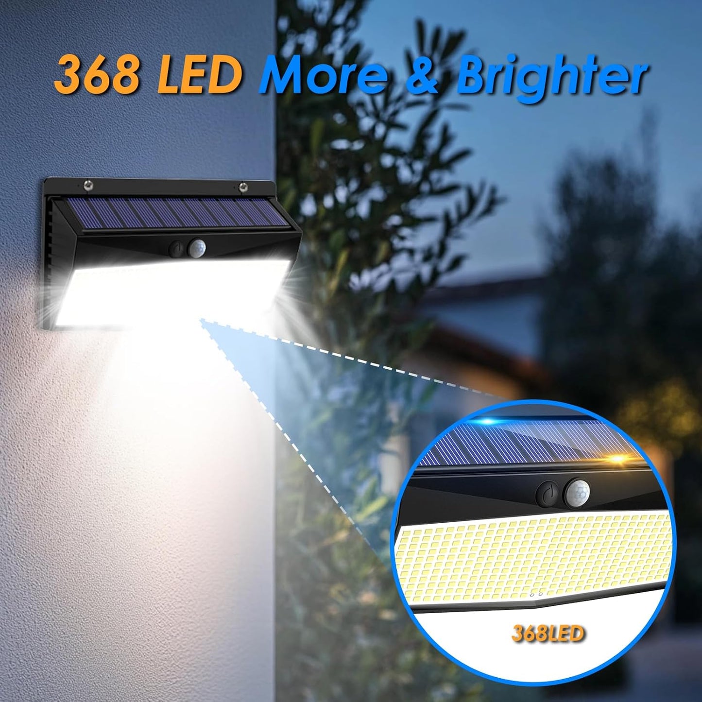 4 Pack Solar Lights Outdoor Motion Sensor, 368LED Super Bright Solar Powered Light with 3 Lighting Modes, IP65 Waterproof Wireless Solar Wall Lights Solar Security Lighting for Yard Garden Outside
