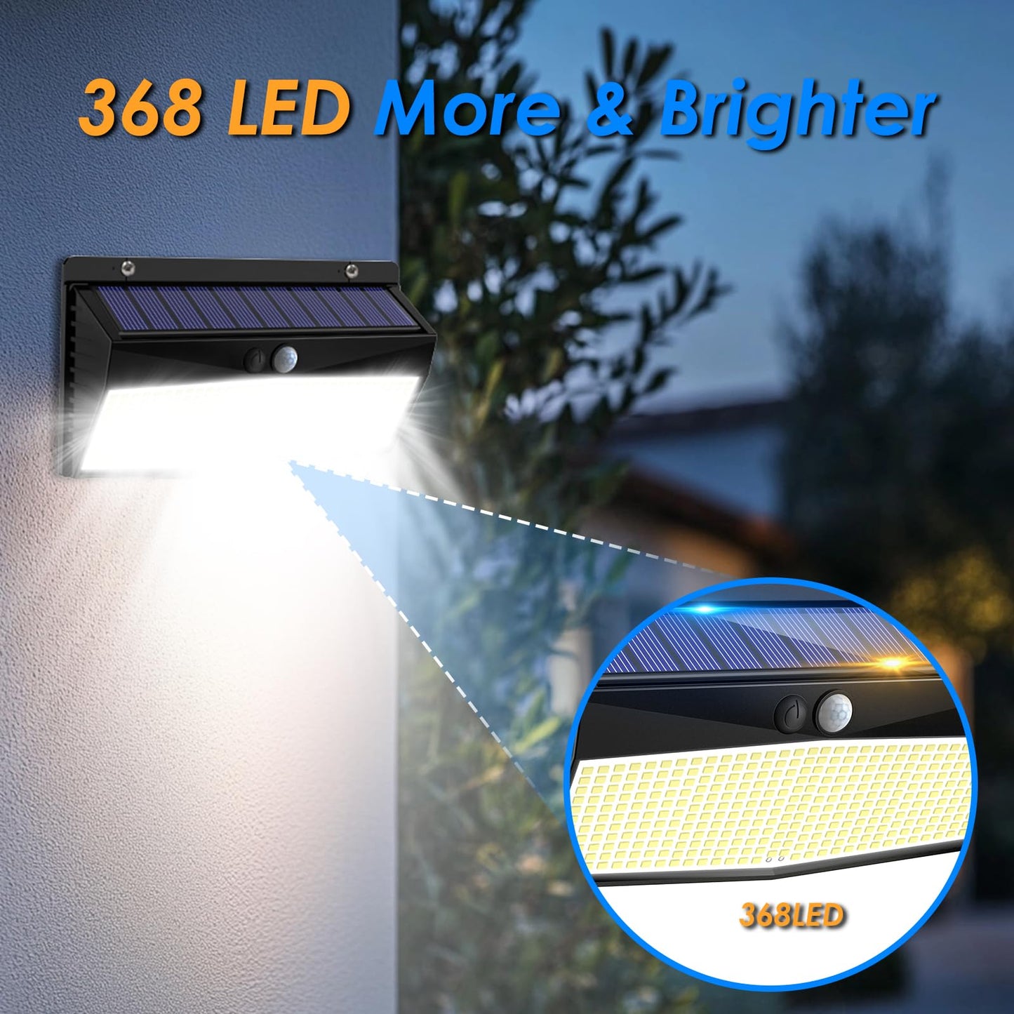 Peasur Solar Lights Outdoor Motion Sensor, 368LED Super Bright Solar Powered Light with 3 Lighting Modes Wireless, IP65 Waterproof Solar Wall Lights Security Lighting for Yard Deck Garage-2 Pack