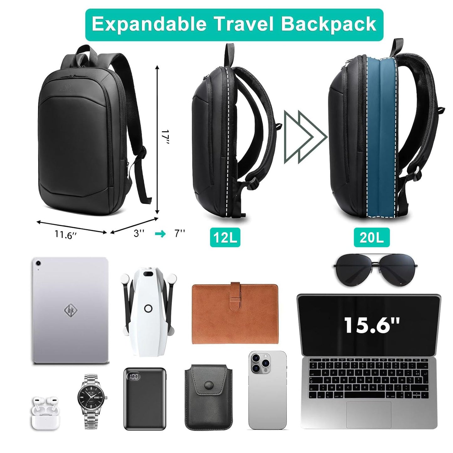 Slim Laptop Backpack,Lightweight Expandable High-Tech Business Work Backpack for Men and Women,15.6 Inch Waterproof Anti-theft Travel Backpack Durable College Casual Daypack Computer Bag - Black