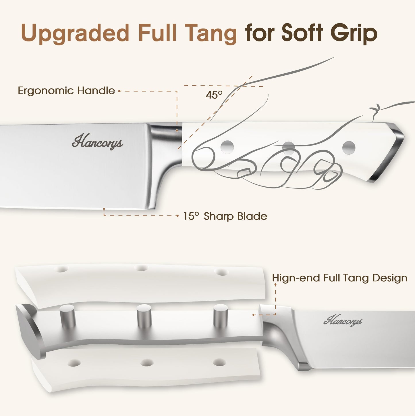 Hancorys Knife Set, 15 Pcs Kitchen Knife Block Set, Enduring Ultra Sharp High Carbon German Stainless Steel Chef Knives Set with Built-in Sharpener, Full Tang Ergonomic Handle, White