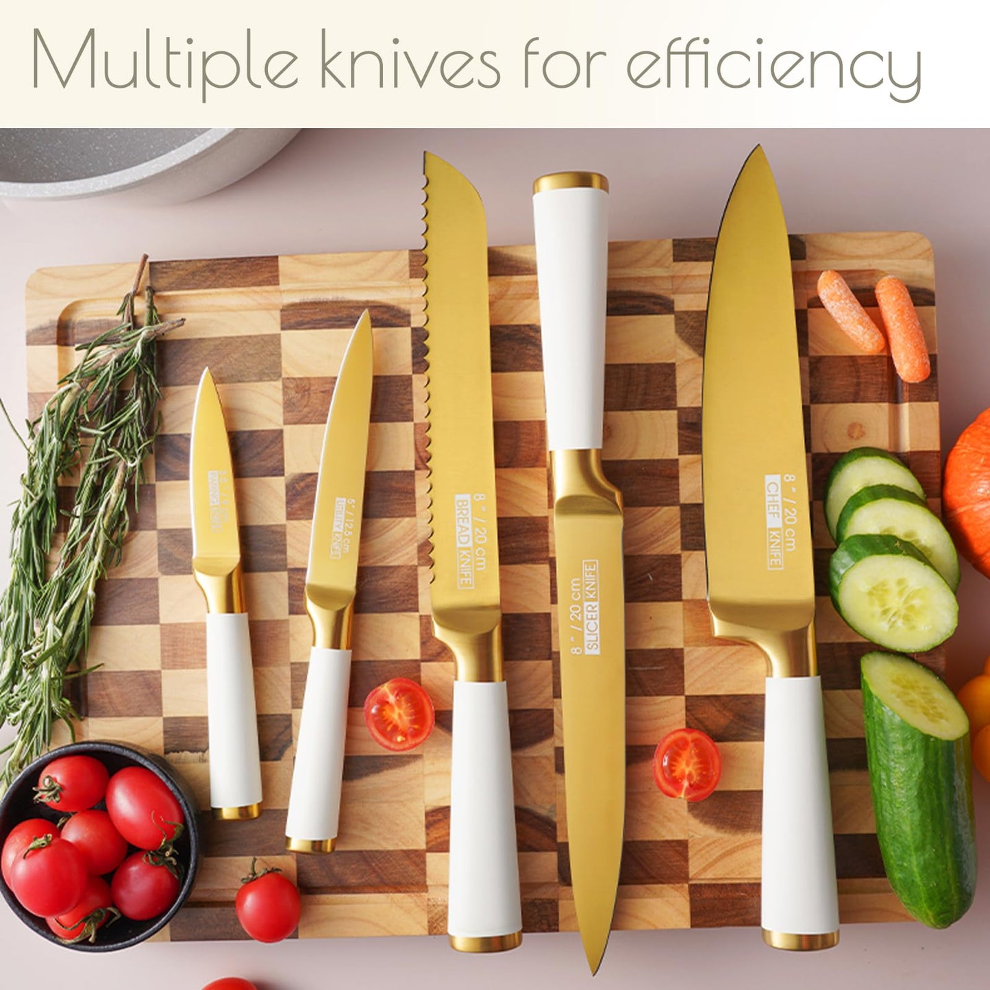 Gold Knife Set, 6 Pieces Titanium Coated Knife Block Set with Pink Wood Block, Ultra Sharp Stainless Steel Chef Knife Sets for Kitchen Built-in Sharpener, Kitchen Accessories and Decor (White)