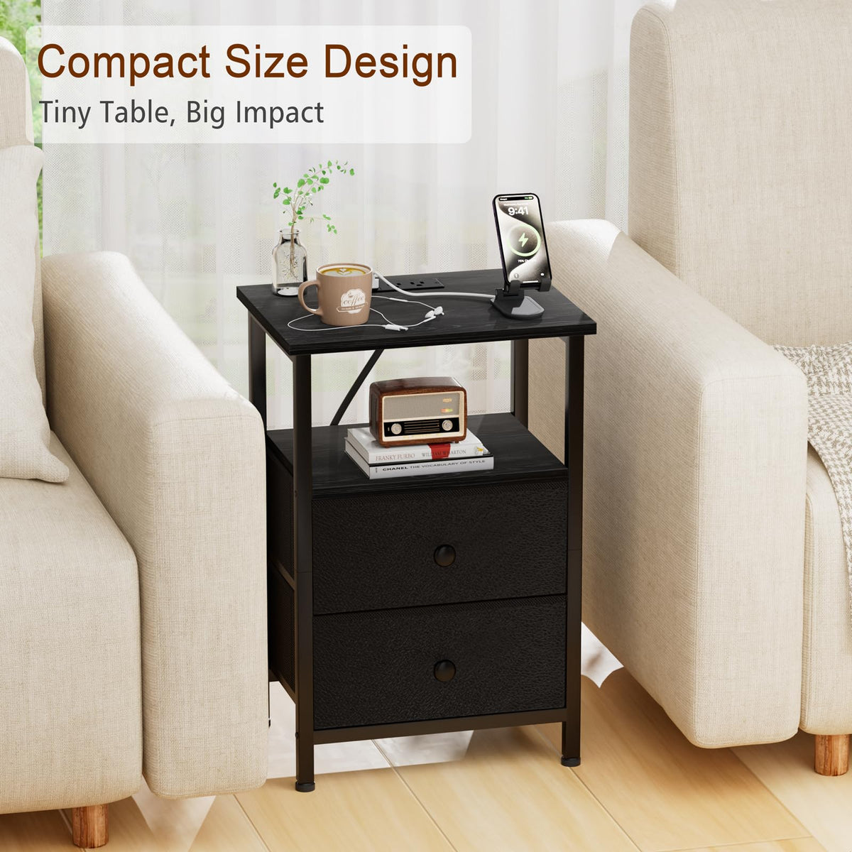 LOAKEKEL Night Stand with Charging Station, Small Bedside Table with Fabric Drawer, Nightstand with USB Ports & Outlets for Bedroom, Living Room, Black, HETS020BK-1