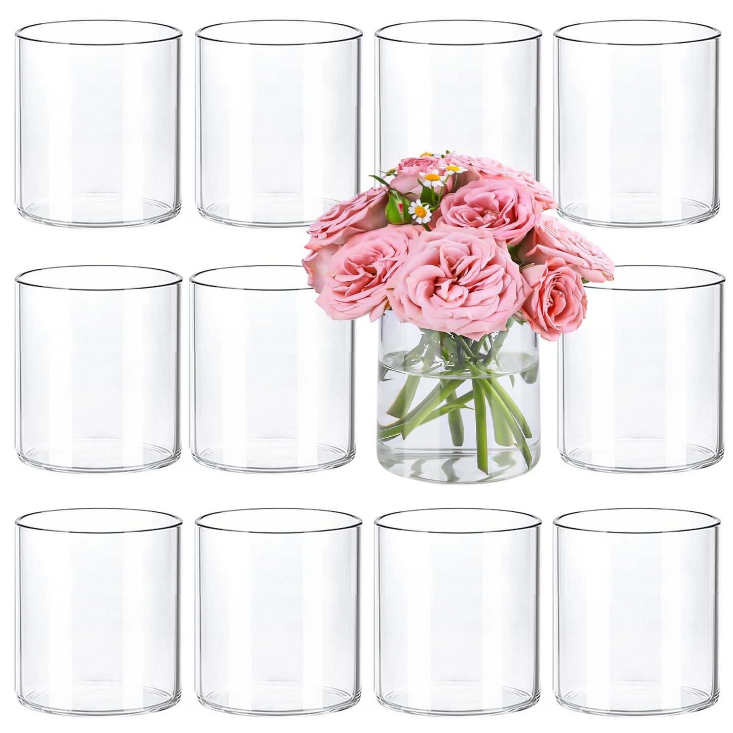 TBWIND 12pcs 4 Inch Glass Cylinder Vases for Centerpieces, Clear Vases for Wedding Decorations and Indoor Home Decor, Tall Glass Flower Vases, Hurricane Candle Holder for Table Shelf