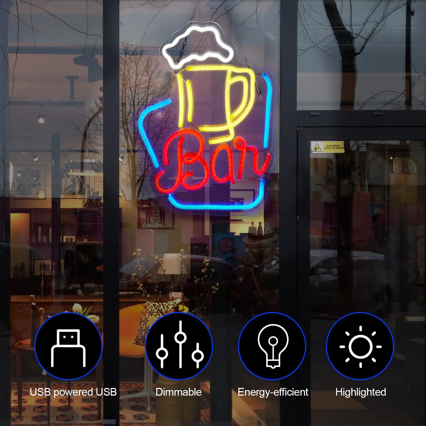 FITNATE Bar Neon Sign, LED Neon Light Sign 17x10.8‘’ USB Powered Decorative Bar Open Sign for Home Bar Store Party Decor, Includes Business Hours Sign