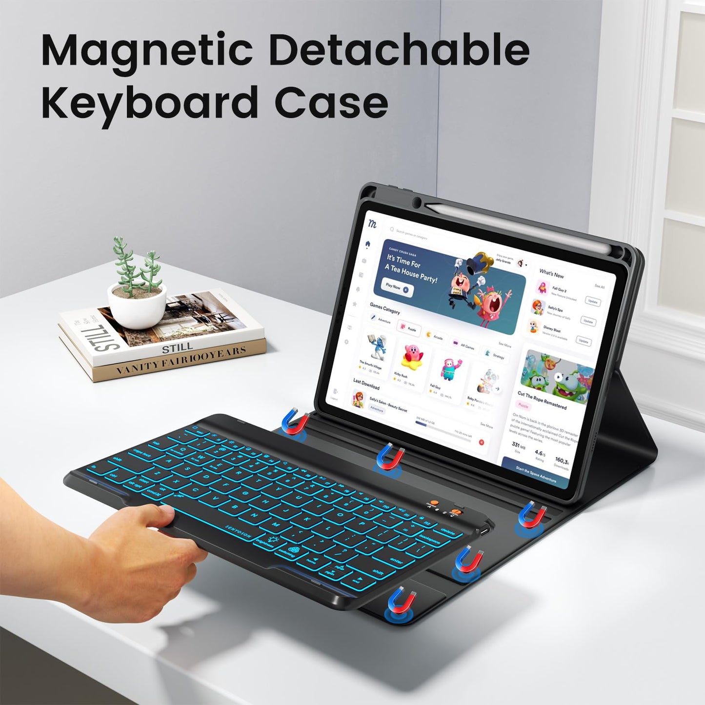 Keyboard Case for iPad (A16) 11th/10th Generation 10.9 Inch (2025/2022), Detachable Folio Keyboard Cover with 7 Colors Backlit Wireless Keyboard Pencil Holder