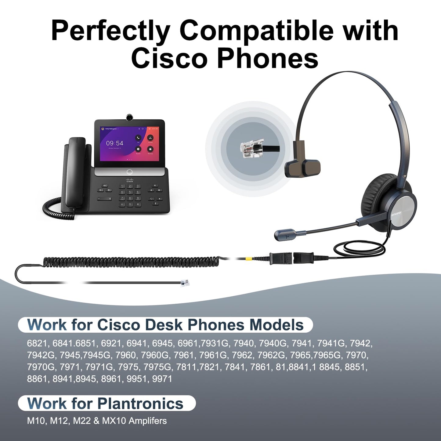 Wired Phone Headset One Ear, Call Center Office Telephone Headset with U10 RJ9 Cable, Works for Cisco Deskphone CP-7841 7931G 7940 7941G 7942G 7945G 7960 7961G 7962G 7965G 7970 8841 8865 8961 9951