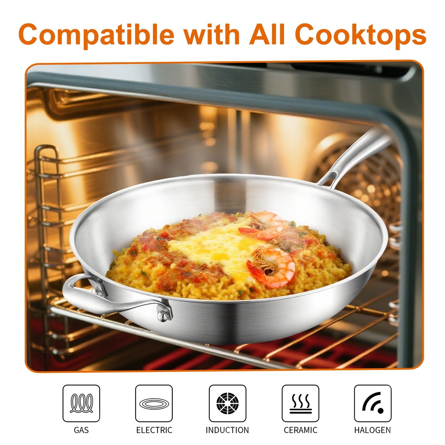 DELARLO Tri-Ply Stainless Steel Wok, 12 Inch Cooking Wok Pan with Lid, with Side Ear, Wide & Deep Cookware Stir-Fry Pans, Dishwasher and Oven Safe Up to 600°F, Works on Induction