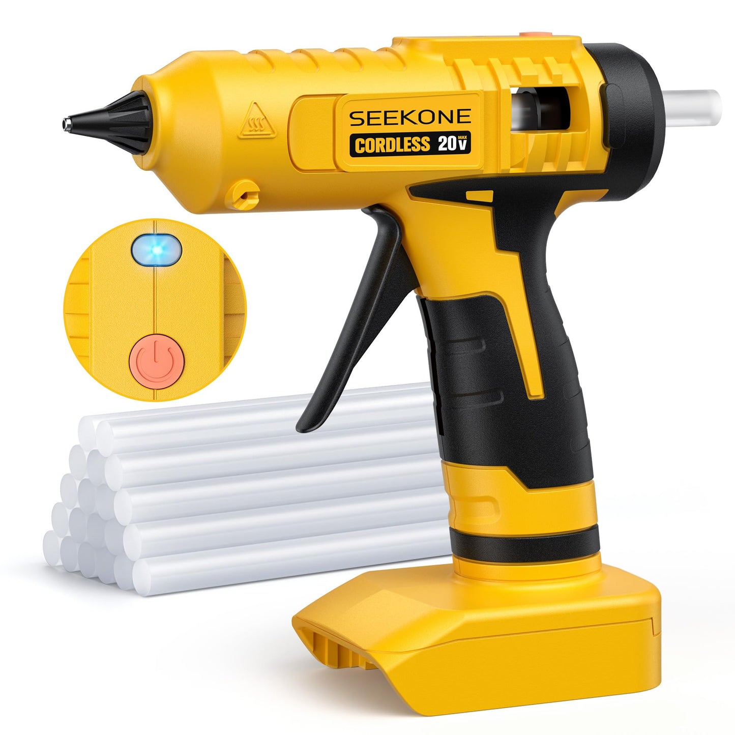 SEEKONE Hot Glue Gun, 100W Cordless Hot Glue Gun for Dewalt 20V Battery (No Battery), Fast Preheating and Anti-drip Full Size Glue Gun with 20pcs Glue Sticks for Crafts, DIY Arts, Home Repairs