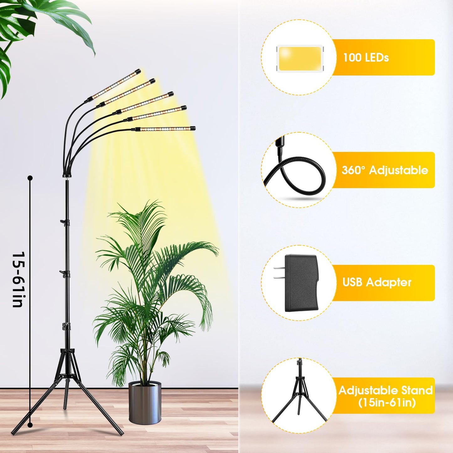 Wolezek Grow Lights for Indoor Plants Full Spectrum, 100 LEDs Plant Lights for Indoor Growing with Adjustable Stand, 5-Head Plant Grow Lamp with Auto 6/12/16H Timer, Ideal for Large & Tall Plants
