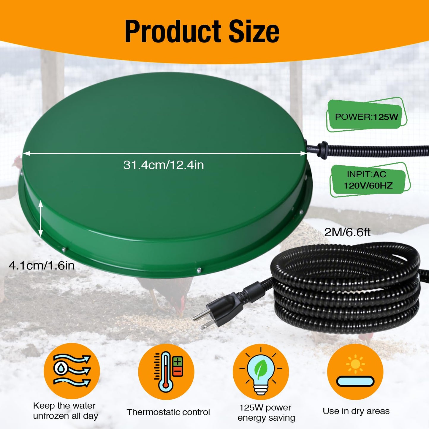 Chicken Water Heater for Winter, 125W Poultry Waterer Heated Base 31.4cm / 12.4in, Freeze-Proof Thermostat Deicer for Metal or Plastic Chicken Drinkers 1–5 Gallon (Green, 1PACK)