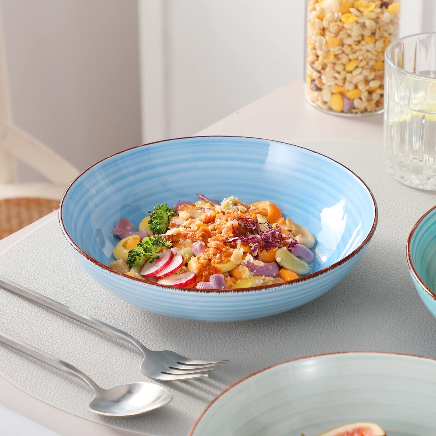 vancasso Bonita Pasta Bowls 38 oz, Large Ceramic Salad Bowls, Pasta Bowl Set of 6, Microwave & Dishwasher Safe Soup Bowls, Serving Bowls, Blue Bowl Set