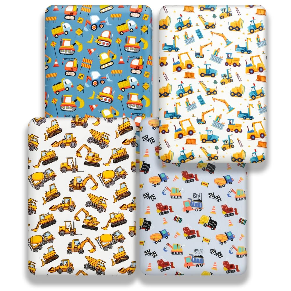 4 Pack Baby Boy Crib Sheets Set Soft Fitted Construction Truck or Dinosaur Theme Baby Boy Mattress Covers Breathable Toddler Sheets for Infant or Newborn Boys (Construction, Crib Sheets)
