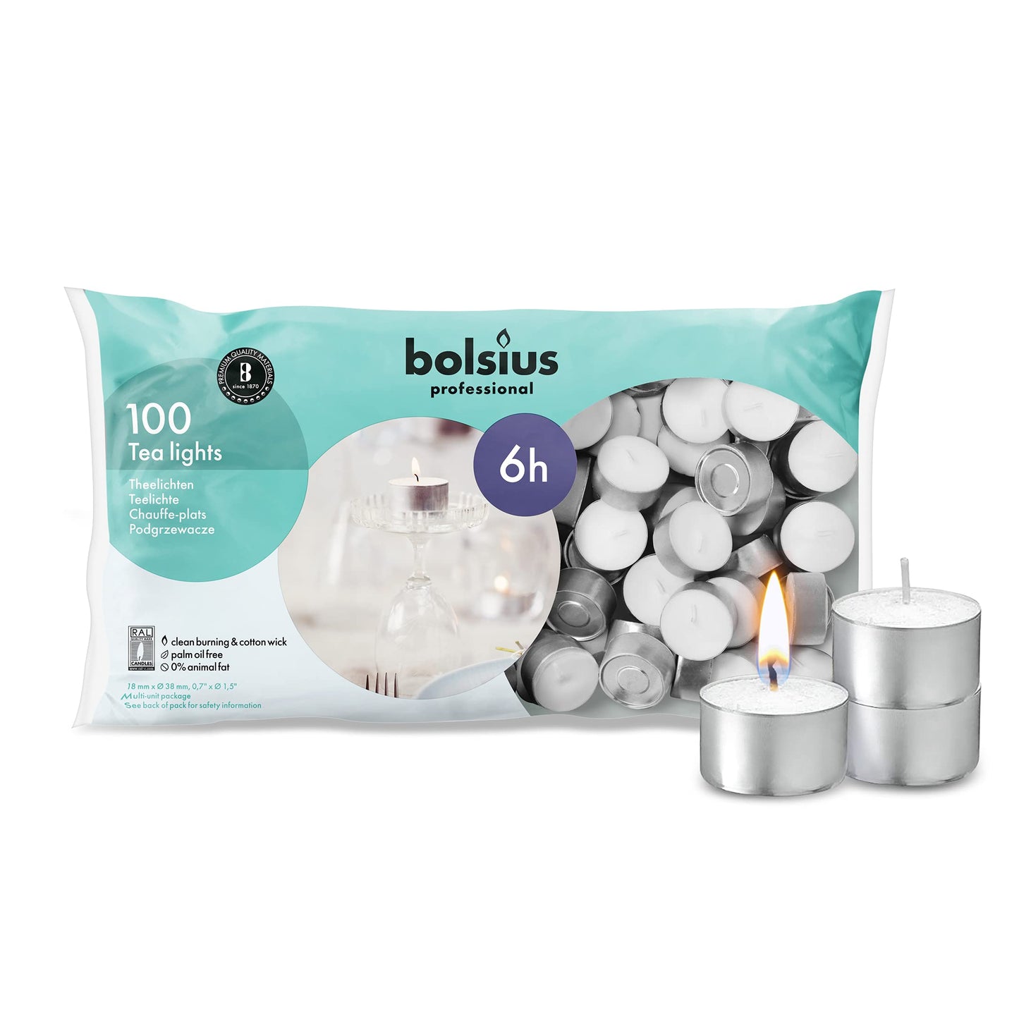Bolsius Unscented 6 Hour Tea Light Candles Long Burning Wedding Party Tea Lights 100 in Bag (White)