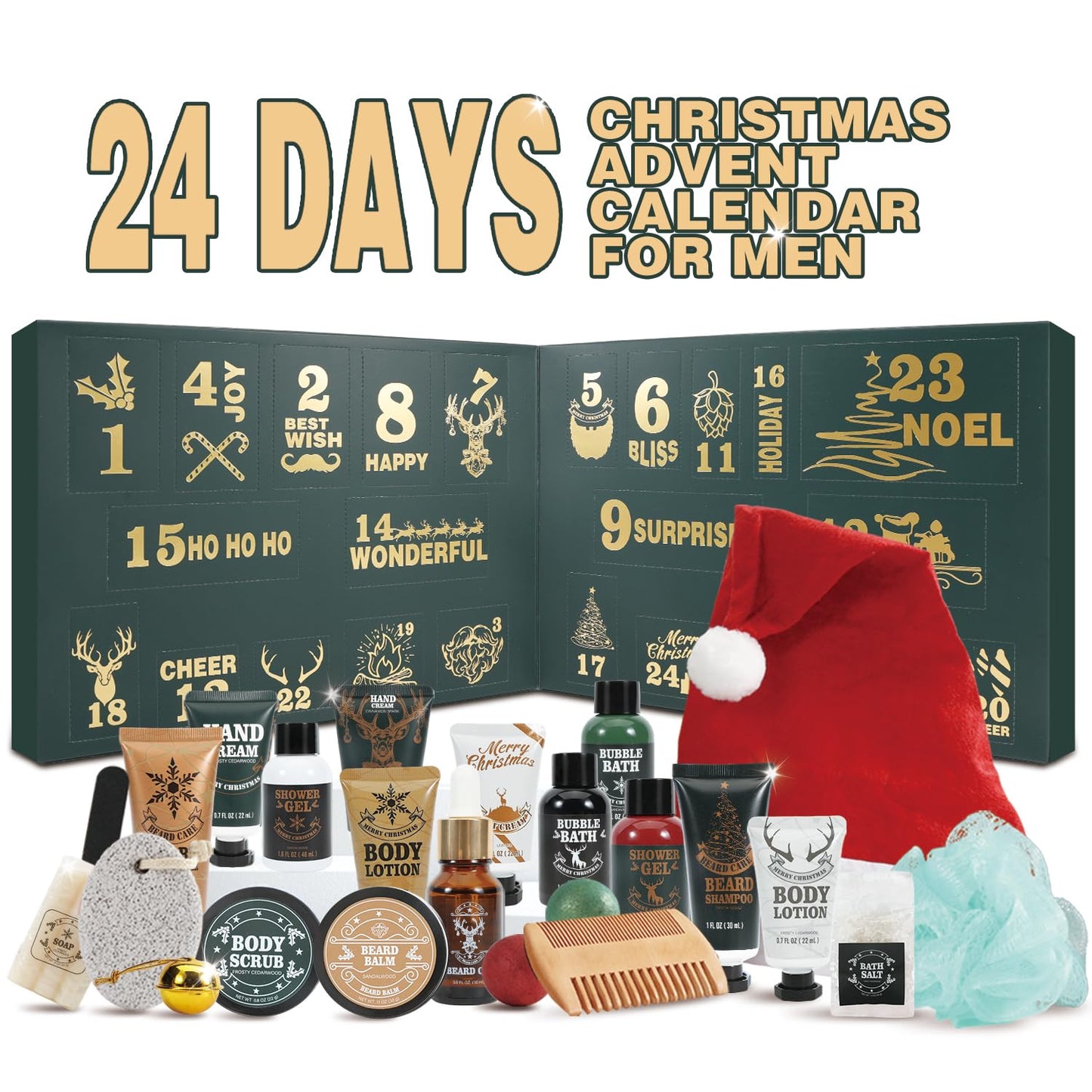 Advent Calendar 2025 for Man, 24PC Christmas Gift for Men Beard Care Set Bath and Body Gift Set Selfcare & Bath Essentials Gift Stocking Stuffers Christmas Calendar Advent