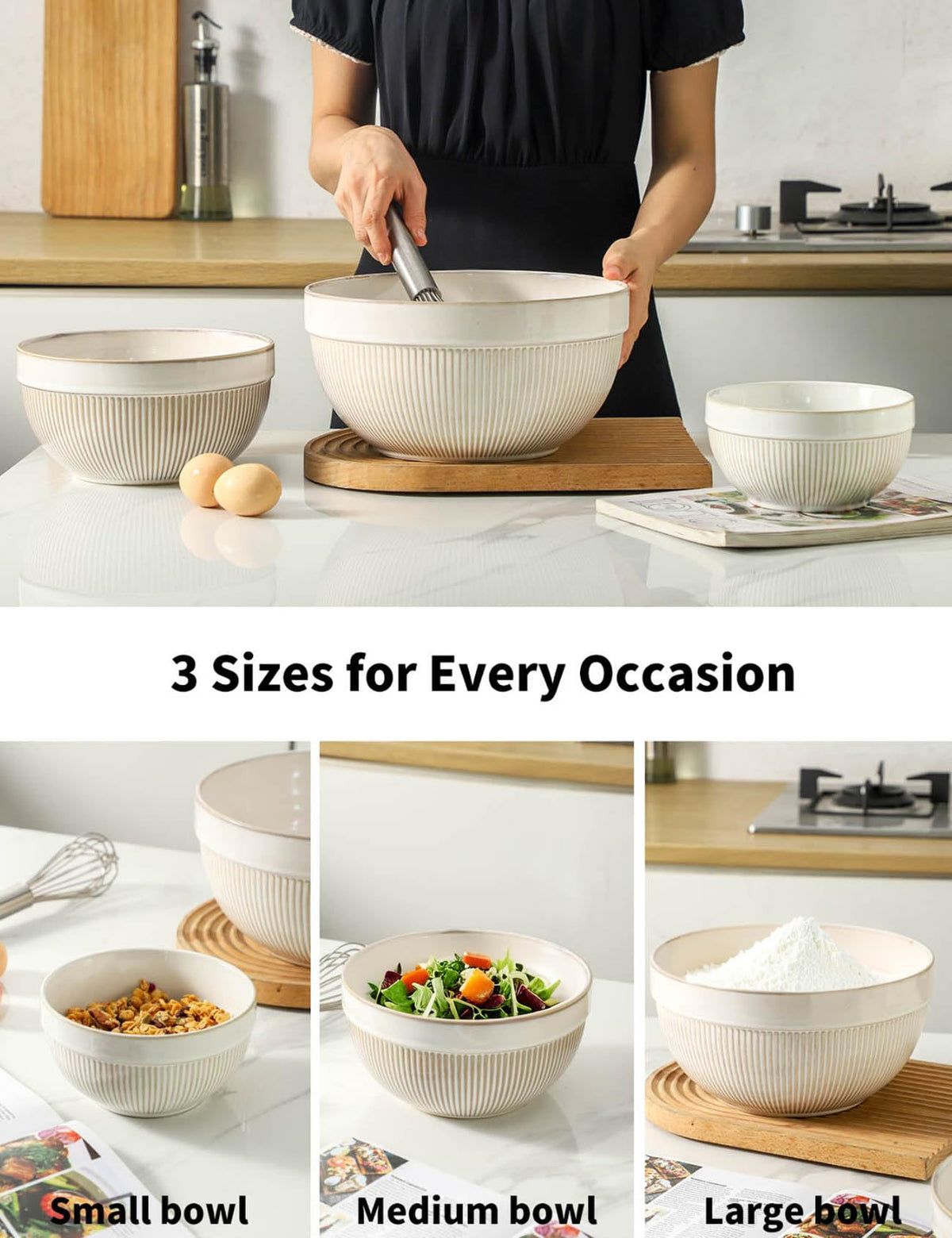 Large Ceramic Mixing Bowls, Glazed White Kitchen Bowl (10"/8"/6"), Set of 3 Nesting Bowls for Baking, Cooking, Serving, Prepping, Dough Kneading, Microwave and Dishwasher Safe