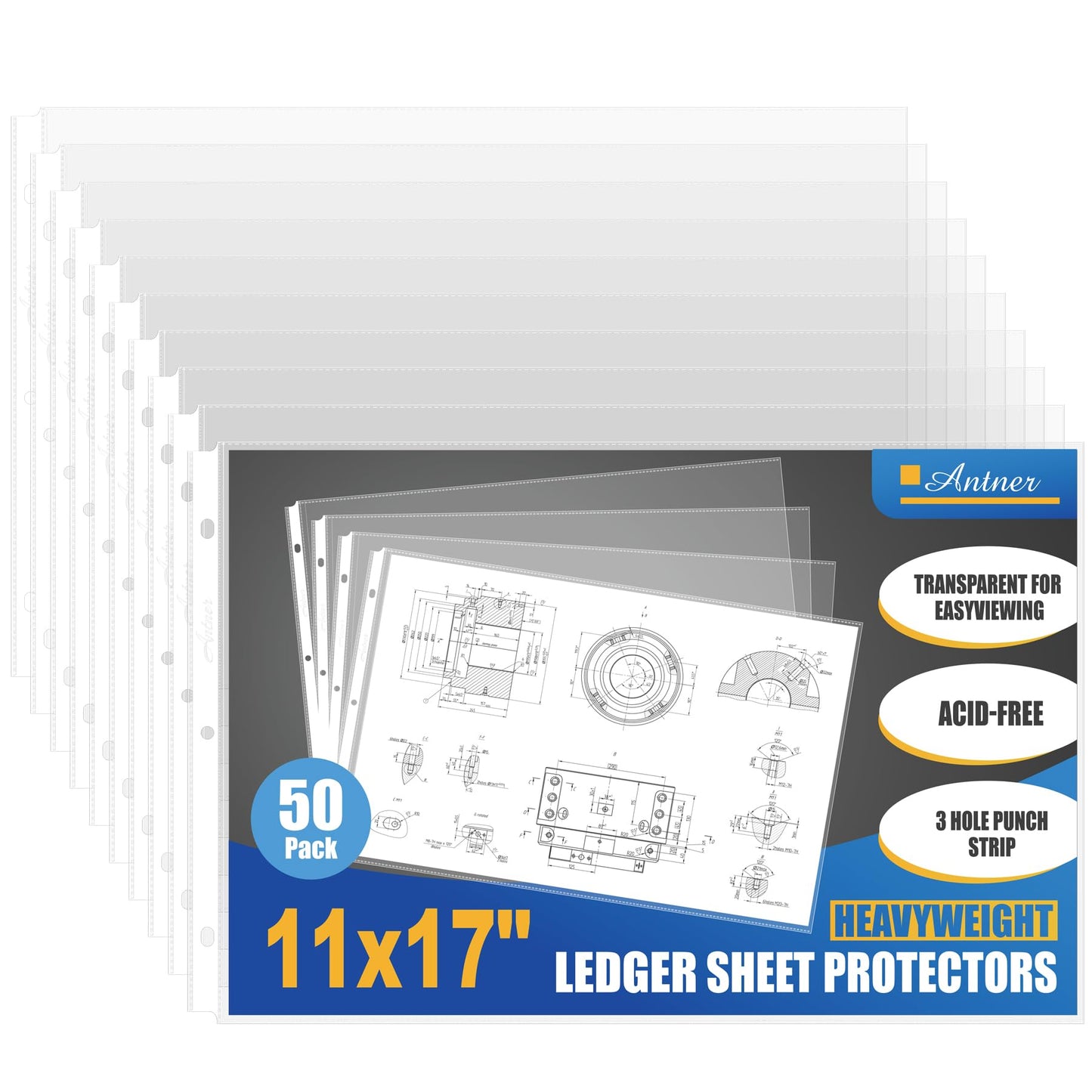 Antner 11x17 Inch Sheet Protectors (50-Pack) - Tabloid Size Heavy Duty Clear Plastic Archival Sleeves, 3 Hole Punched for 3-Ring Binders, Side Loading Oversized Page Protectors for Documents Newspaper
