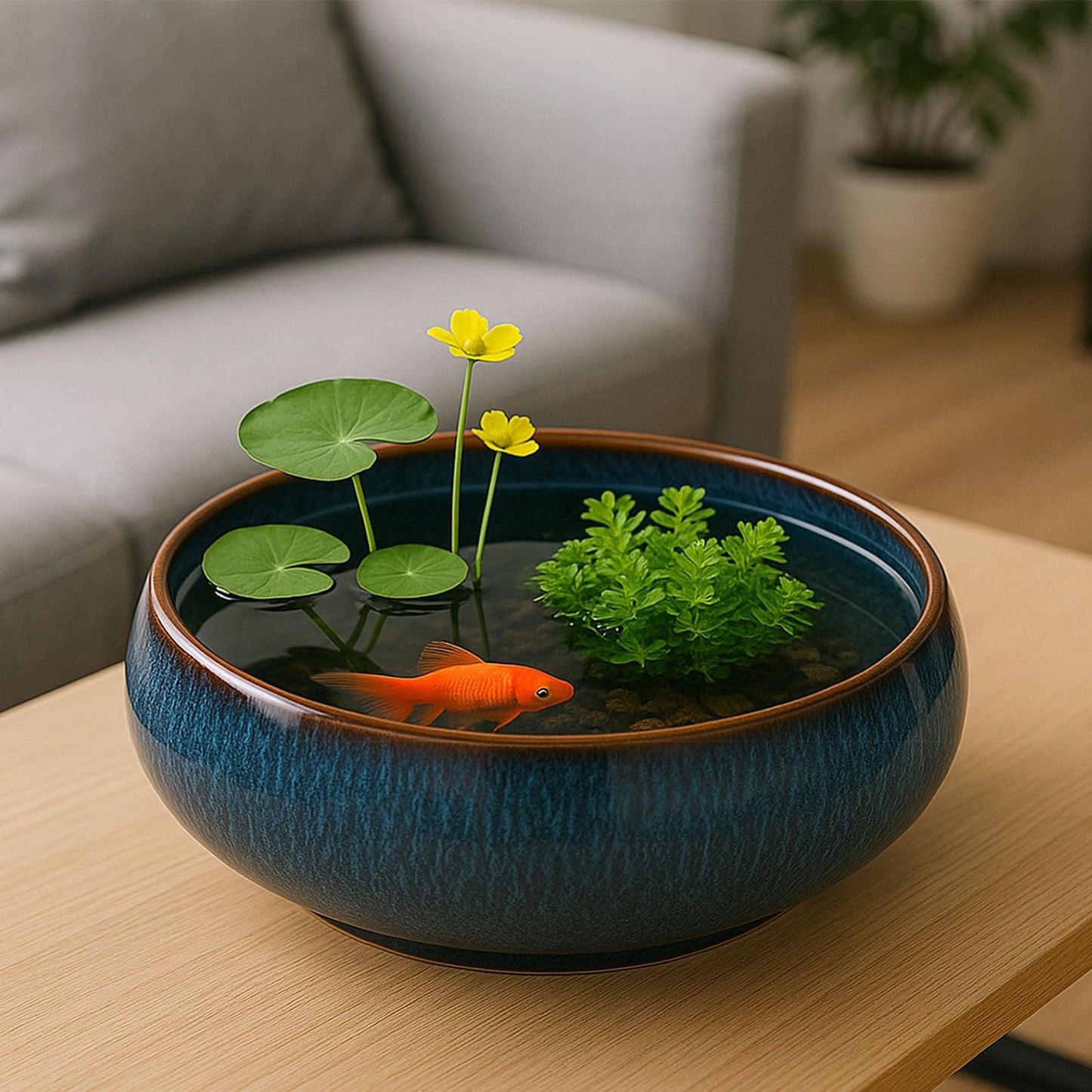 Lotus Bowl Planter – Ceramic Water Plant Pot Sacred Bonsai Bowl Lotus Flower, Shallow Glazed Vase for Seeds, Bonsai, Succulents, Hydroponic Plants (Blue)