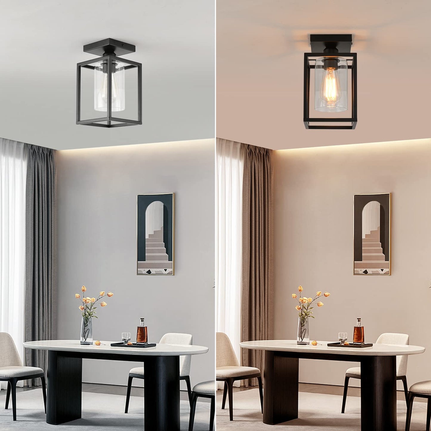 IHENGYANLT 1 Pack Semi Flush Mount Ceiling Light,Black Metal Frame Ceiling Light Fixture with Clear Glass Shade, Farmhouse Light Fixture for Kitchen Island Entryway Porch Foyer