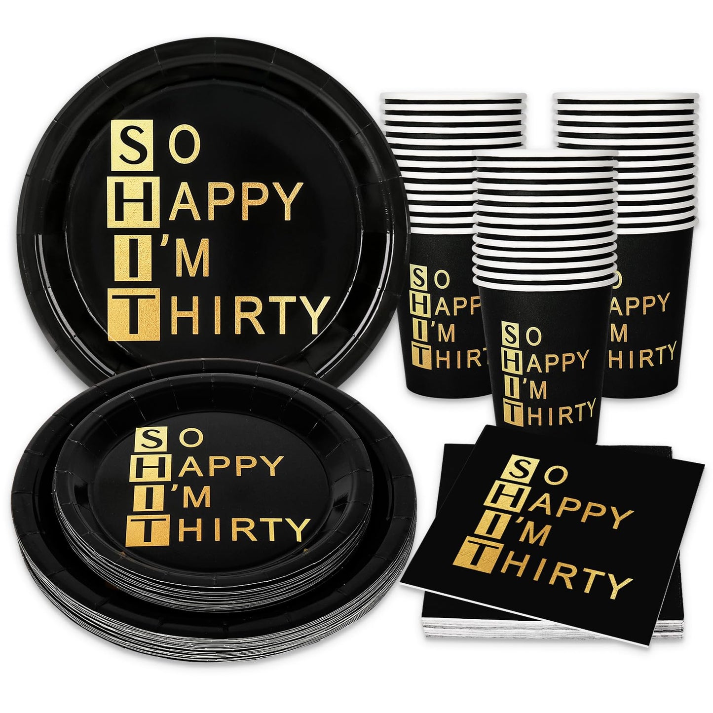 Whaline 96Pcs 30th Birthday Party Supplies Kit Black Gold Paper Tableware Plate Napkin Cup So Happy I'm Thirty Disposable Dinnerware Set for 24 Guests Party Table Decor