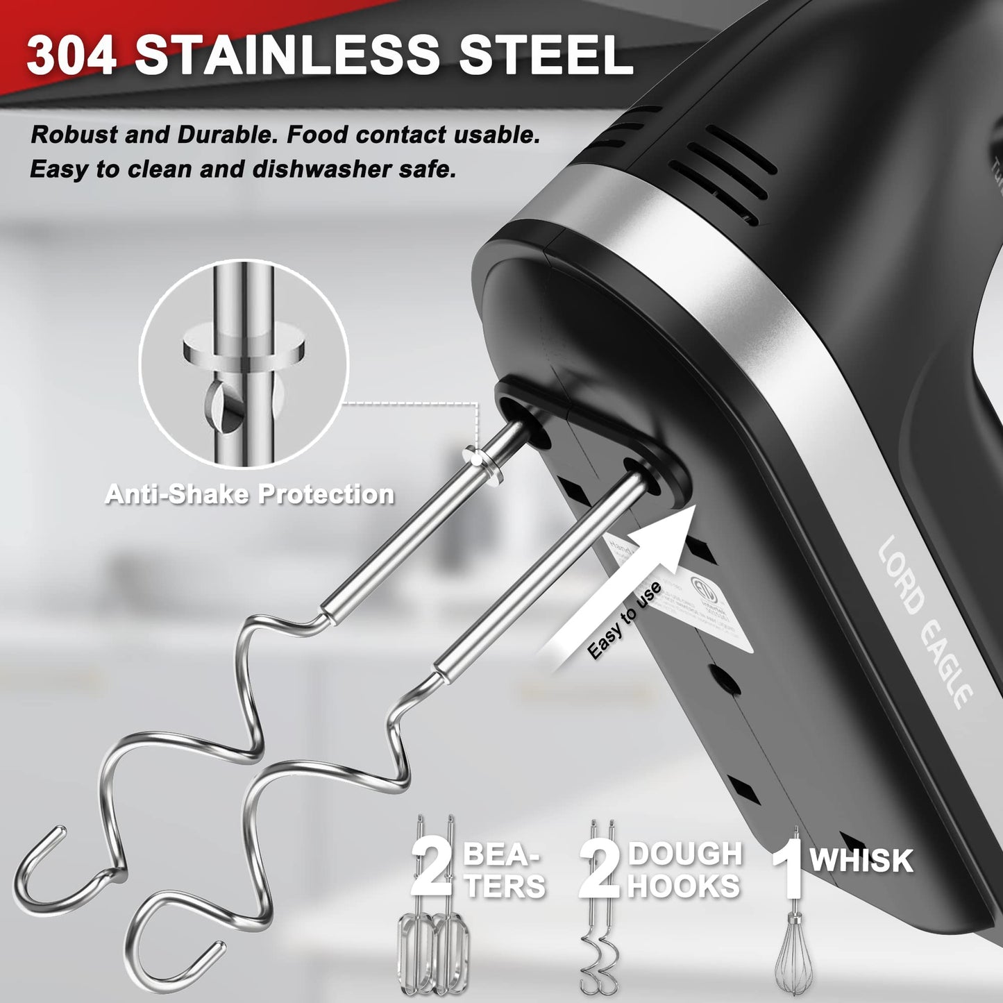 Lord Eagle Hand Mixer Electric Handheld 400W, 5-Speed Lightweight Kitchen Mixer with Storage Case, 5 Stainless Steel Attachments for Baking Cake Egg Cream Food Beater, Turbo+Eject Button, Black