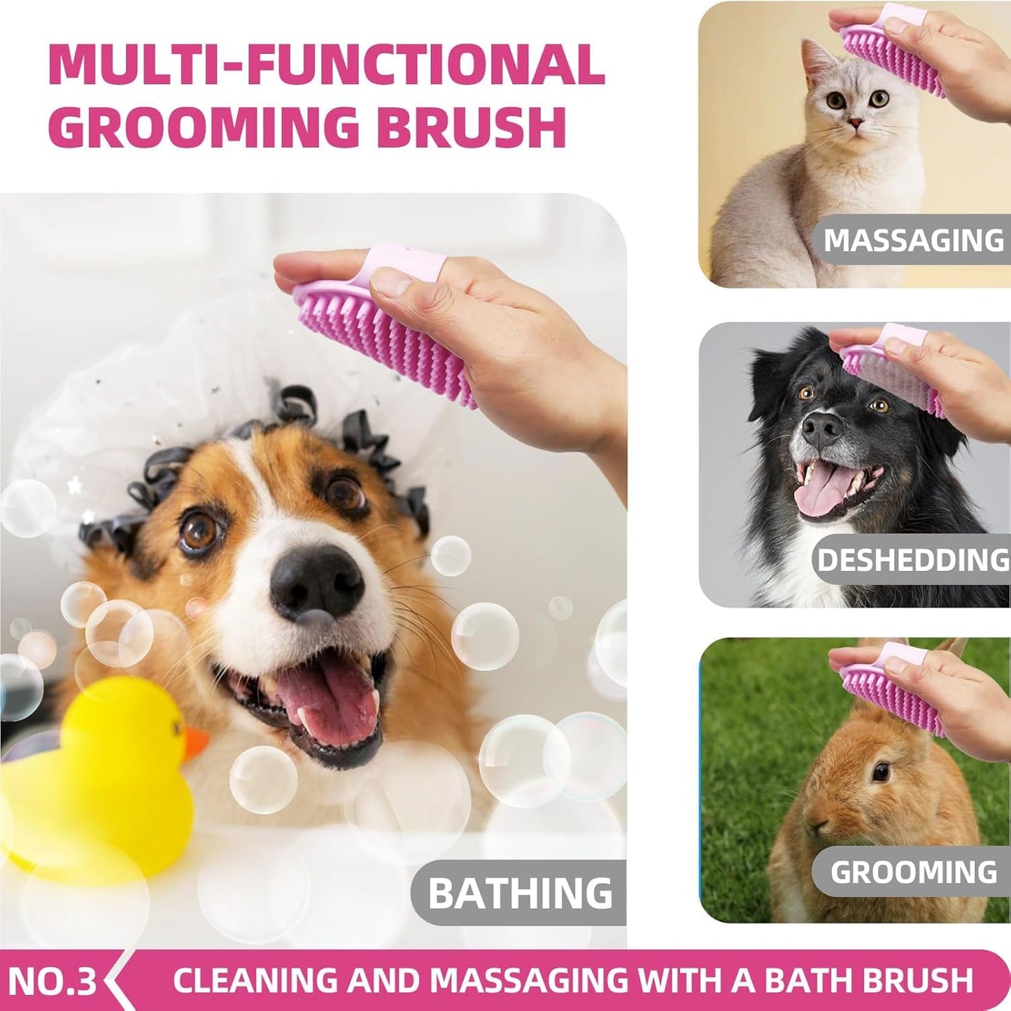 Bath Brush Kit With Towel & Washing Gloves, 6 in 1 Bag Slicker Hair Grooming Brush for Shedding, Shampoo Scrubber for Dogs Cats Bath Pink