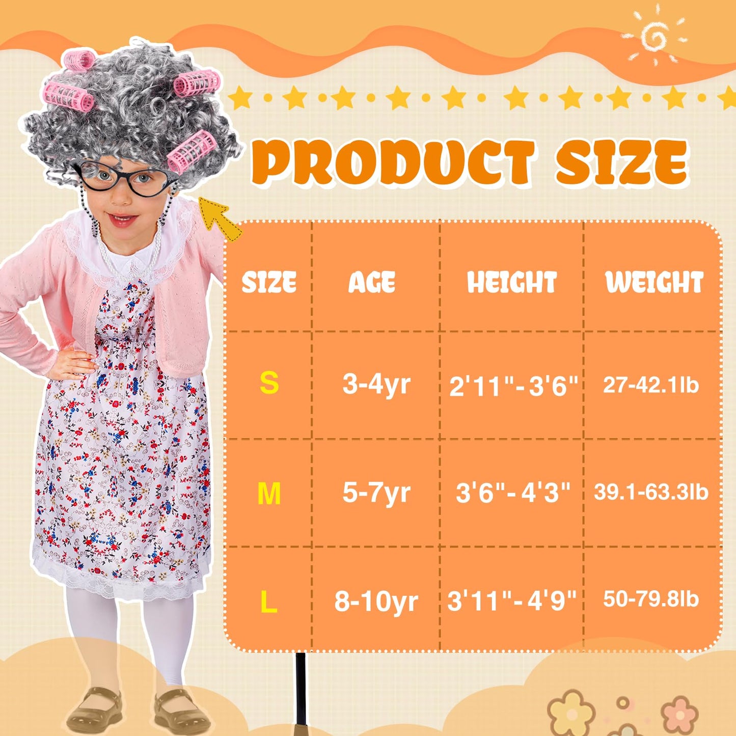 Cosweet Old Lady Costume for Girls, Grandma 100th Day of School Accessories for Kids 3-10 Years Cosplay Wig Dress up