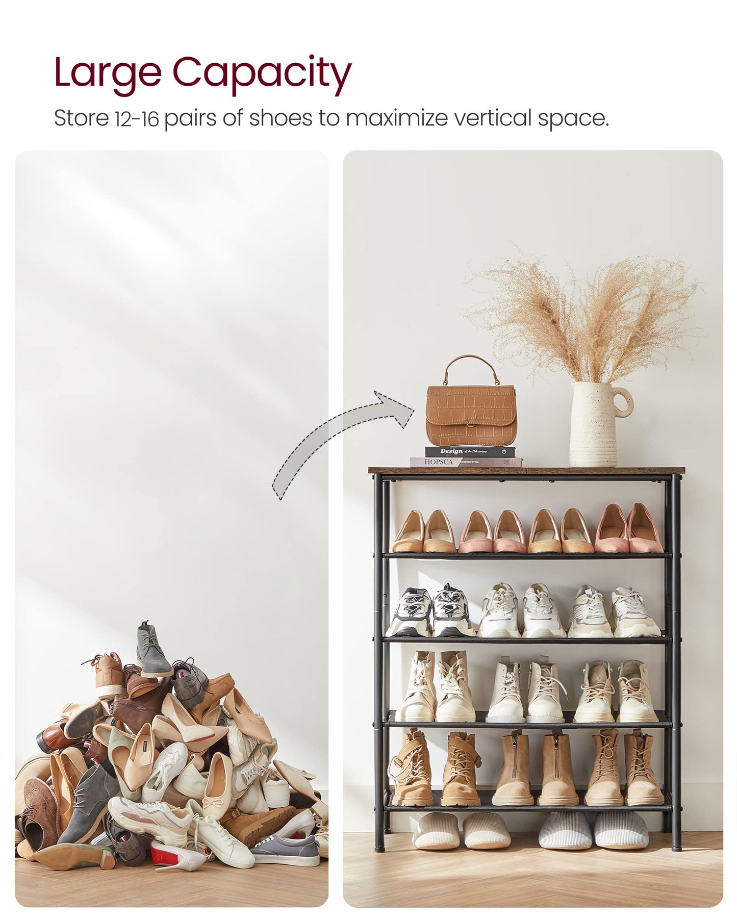 VASAGLE Shoe Rack, 5 Tier Shoe Storage Rack for 12-16 Pairs of Shoes, Shoe Organizer for Entryway, with 4 Fabric Shelves and Top Panel, Steel Frame, Rustic Brown and Black ULBS036B01