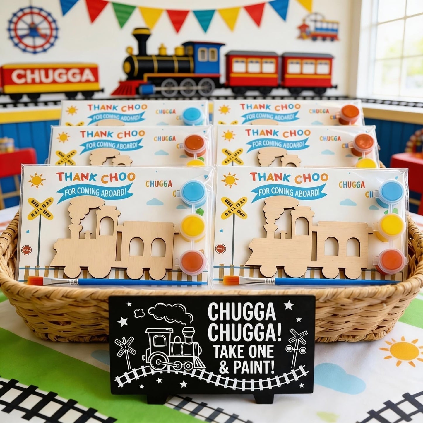 12-Pack Pre-Packaged Train Party Favors, Wooden Train Cutouts with Magnets & Painting Kits for Kids, Choo Choo Birthday Decorations & Thank You Gifts for Guests