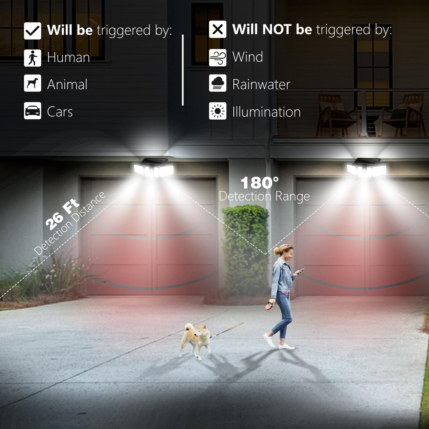 AmeriTop Solar Lights Outdoor, 2 Pack 233 LED High Brightness Cordless Solar Motion Sensor Lights; 3 Adjustable Heads, 270° Wide Angle Illumination, IP65 Waterproof, Security LED Flood Light(Daylight)