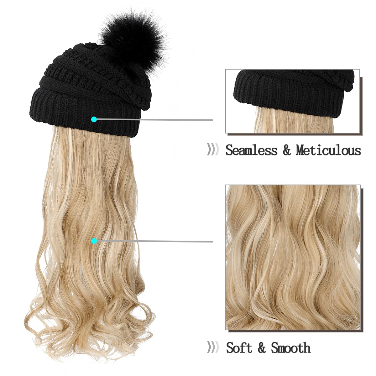 Qlenkay Beanie Hat Knit with Long Wavy Curly Hair Extensions Wig Dismountable Warm Knitted Pom Cap Attached 20inch Synthetic Hairpiece for Women Winter Ash Blonde Mix Bleach Blonde